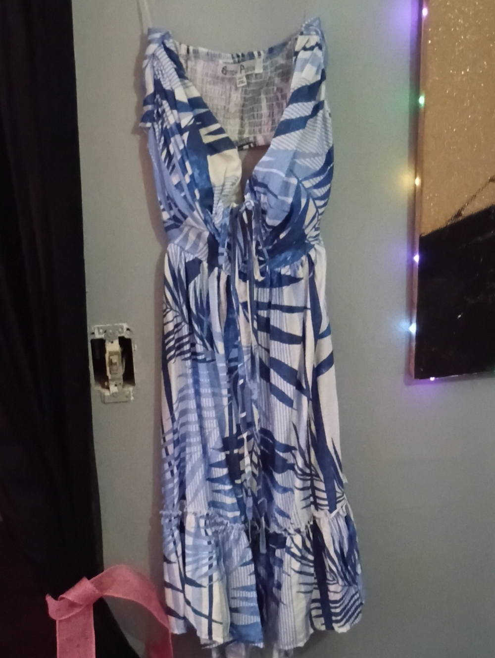 Sleeveless Blue & White Printed Midi Dress with Tie Front